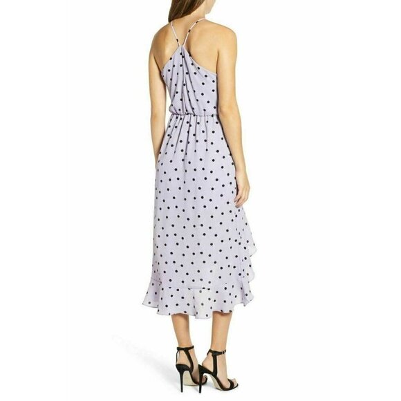 Lush Womens Polka Dot Crepe Asymmetrical Ruffle Trim Halter Wrap Dress Size S - Picture 7 of 12